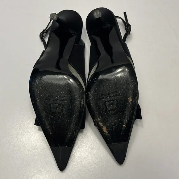 Stuart Weitzman Babe Black Satin Heels, size 8 slingback, bow front with mesh - Picture 7 of 12